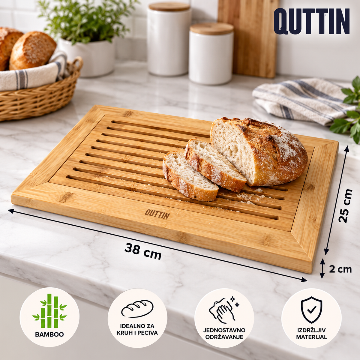 Bambus daska za rezanje kruha s utorima 38 × 25 cm
