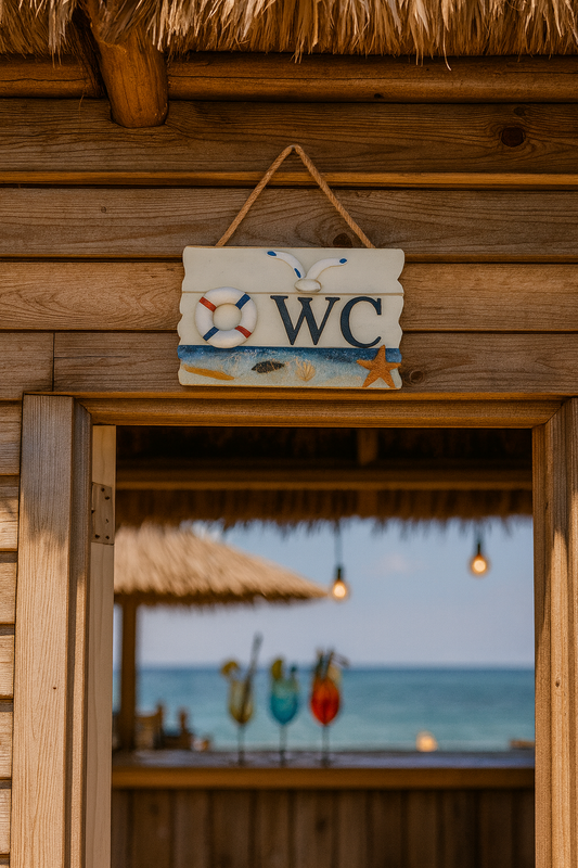 Drveni znak s natpisom WC – morski dizajn, 18 × 12 cm