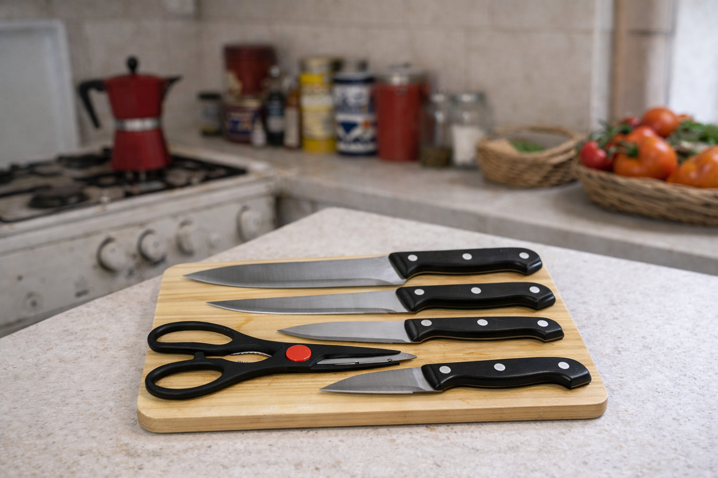 Kuhinjski set 6 kom (4 noža + škare + drvena daska 29×20 cm)