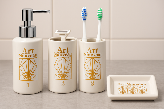 set za kupaonicu, art deco kupaonski set, art nouveau dekoracija, keramički set za kupaonicu, dozator sapuna, držač za četkice, držač za britvicu, posuda za sapun, kupaonski dodatci, elegantan kupaonski set, ukras za kupaonicu, pribor za kupaonicu, poklon za useljenje, oprema za apartmane, hotelska oprema, kupaonski set webshop, set za toalet, kupaonski dekor Split, online narudžba kupaonskog seta, oprema za kupaonice Split