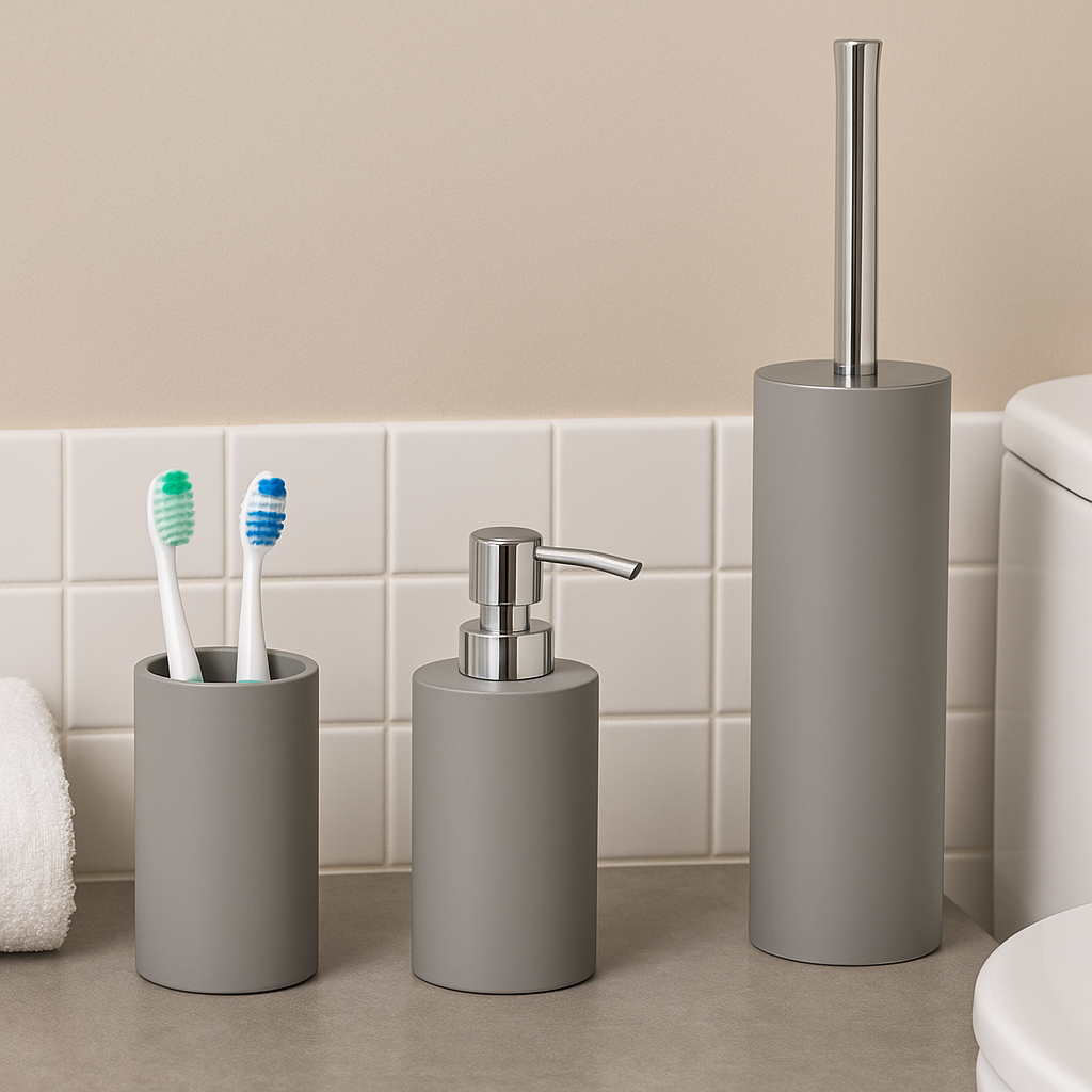set za kupaonicu, wc set, sivi kupaonski set, četka za wc, dozator sapuna, držač za četkice, moderni kupaonski dodatci, kupaonska oprema, oprema za apartmane, oprema za hotele, kupaonski set s dozatorom, minimalistički dizajn kupaonice, kupaonski pribor Split, online narudžba kupaonskog seta, hotelska oprema webshop, dodatci za toalet, kupaonski set 3u1, wc oprema, kupaonica s modernim detaljima, elegantni kupaonski set