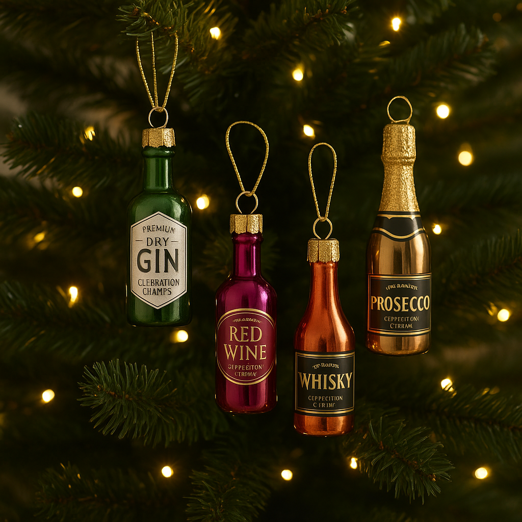🎄 Stakleni božićni ukrasi bočice – Gin, Processco, Whiskey, Vino