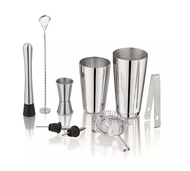 bartending set 9 dijelova, KINGHoff KH-1708, cocktail shaker set, shaker 750 ml, shaker 600 ml, jigger 30/60 ml, bar žlica, sito za koktele, bar oprema set, poklon za ljubitelje koktela, set za miksanje pića, bar pribor, inox set za bar, EAN 5908287217089