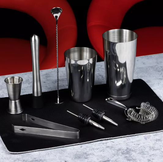 Set za koktele 9/1 - Boston šejker + koktel sito + barska žlica + hvataljka za led + pureri