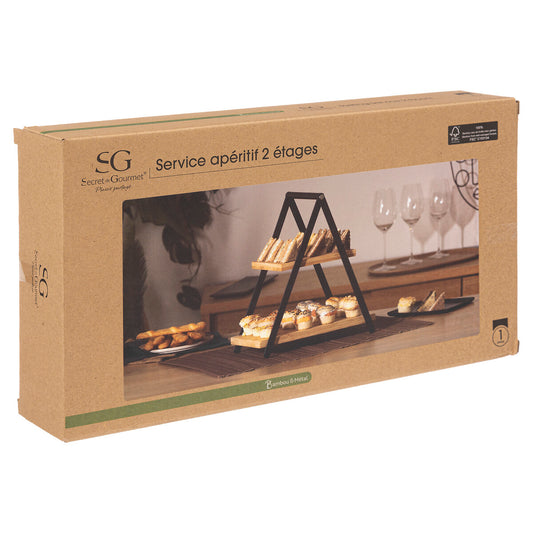 SG Stalak za serviranje s 2 nivoa – bambus i crni metal, 28×15,6×29,3 cm
