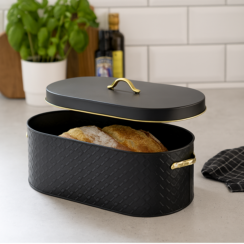 kutija za kruh, crna kutija za kruh, metalna kutija za kruh, SANDY BLACK COOKINI, Mondex kutija za kruh, kuhinjski organizator, čelična kutija za kruh, elegantna kutija za kruh, kutija sa zlatnim detaljima, kutija za pohranu kruha, kitchen storage box, gift box bread container, EAN 5902643376649