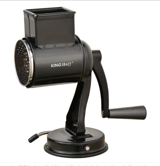 ribež, bubanj ribež, Kinghoff KH-1951, ručni ribež, inox ribež, ribež s nastavcima, ribež za sir, ribež za povrće, ribež za orahe, ribež s vakumom, kuhinjski ribež, multifunkcionalni ribež, ručna sjeckalica, pribor za kuhinju, kuhinjski alat, NIRS oprema, ribež s bubnjevima, crni ribež, elegantni ribež, inox pribor