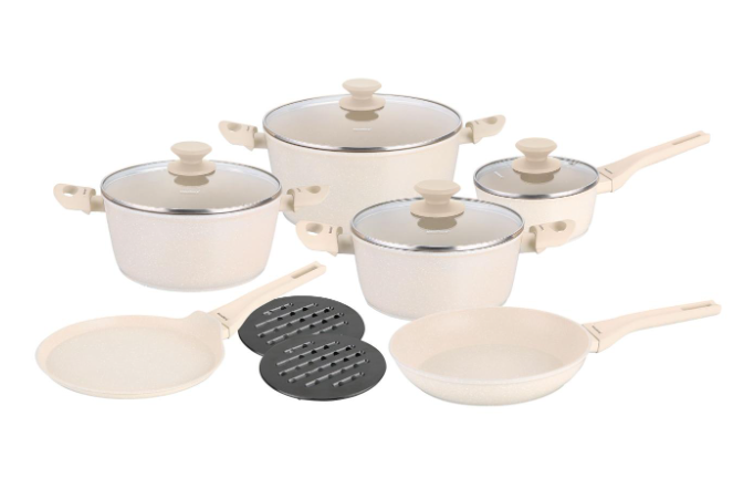 set lonaca 12 dijelova, set posuđa s mramornim premazom, Klausberg KB-7884, kuhinjski set bež boje, aluminijsko posuđe, posuđe za indukciju, neprianjajuće posuđe, set tava i lonaca, komplet lonaca s poklopcem, posuđe s granitnim premazom, set za kuhanje, kvalitetno posuđe