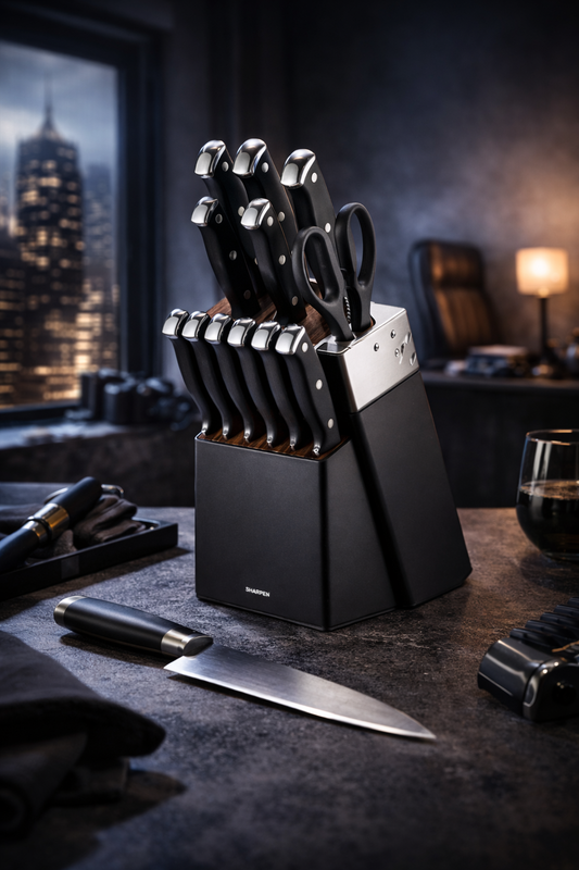 set kuhinjskih noževa, set noževa s postoljem, klausberg noževi, klausberg kb 7985, kuhinjski noževi inox, set noževa 13 dijelova, noževi s ugrađenim oštračem, kuhinjski set noževa, profesionalni kuhinjski noževi, steak noževi set, noževi od nehrđajućeg čelika, inox kuhinjski noževi, set noževa s blokom, noževi za ugostiteljstvo, noževi za apartmane, noževi za restorane, poklon za muškarce, poklon za njega, poklon za kuhara, poklon za ljubitelje kuhanja, poklon za oca, poklon za muža, poklon za dečka, poklo