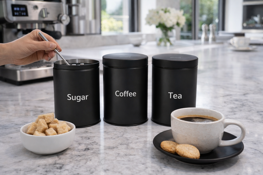 set metalnih posuda, posude za kavu čaj šećer, coffee tea sugar set, crne kuhinjske posude, klausberg posude, posude za kavu, posude za šećer, posude za čaj, kuhinjski set posuda, moderne kuhinjske posude, high end kuhinja, minimalizam kuhinja, oprema za apartmane, oprema za kafiće, horeca kuhinjska oprema, metalne posude s poklopcem, crni kuhinjski dodaci, organizacija kuhinje, elegantne kuhinjske posude, poklon set kuhinja, kuhinjski accessories, mat crne posude, premium kuhinjski dodaci, posude za radnu