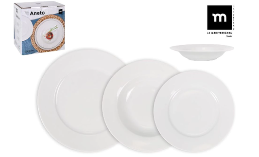 set posuđa, bijeli porculan, Aneto MD set, La Mediterranea posuđe, set tanjura 12 komada, mediteransko posuđe, set tanjura za apartmane, elegantni tanjuri, bijeli tanjuri, okruglo posuđe