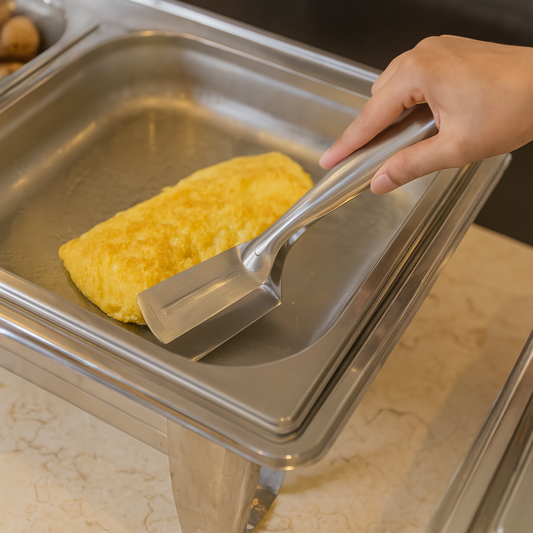 hvataljka za švedski stol, inox kliješta za serviranje, horeca oprema Split, banja marija pribor, hvataljka za hotelski doručak, catering oprema, serviranje omleta