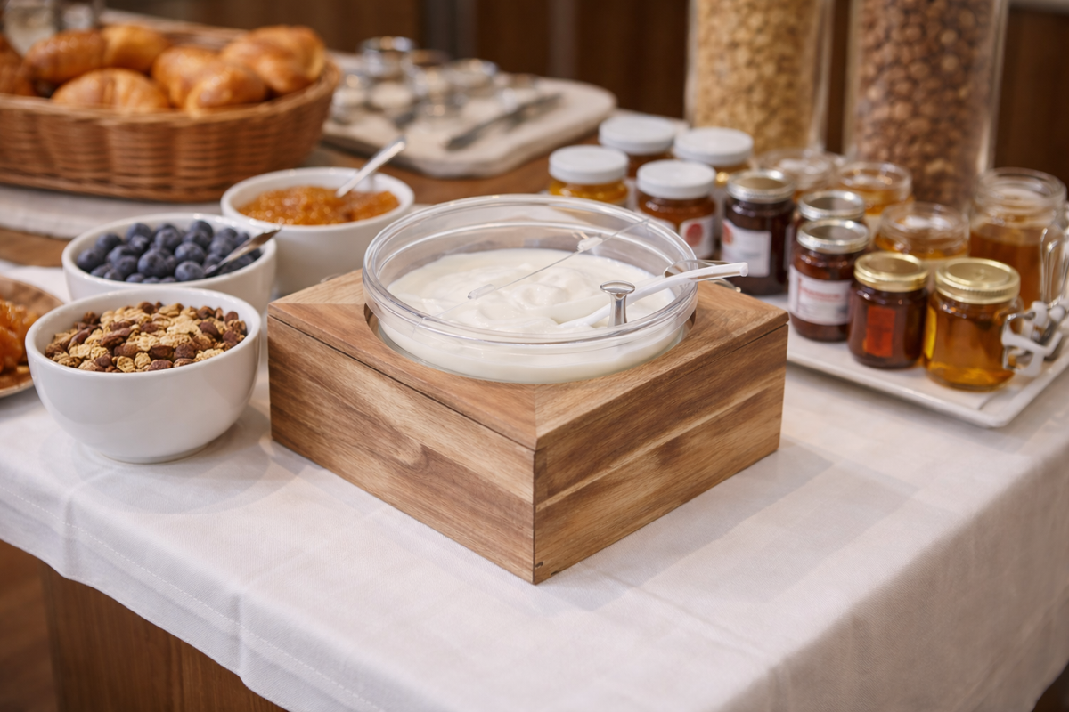 yogurt maker set buffet, stalak za jogurt buffet, posuda za jogurt hotel, buffet oprema za hotel, oprema za doručak hotel, hotelski buffet pribor, buffet posuda za jogurt, posuda za granolu buffet, oprema za samoposlužni doručak, buffet display za jogurt, catering oprema buffet, hotel breakfast buffet equipment, drveni buffet stalak, akacija buffet oprema, posuda za müsli hotel, posuda za granolu restoran, buffet posuda s poklopcem, buffet prezentacija hrane, oprema za brunch buffet, hotelski doručak oprema
