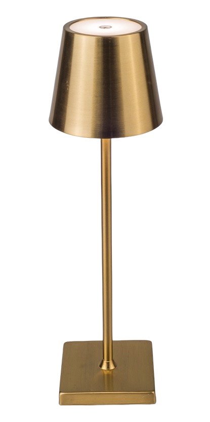 zlatna stolna lampa, bežična lampa, punjiva lampa, ugostiteljska rasvjeta, ambijentalna rasvjeta, lampa za restoran, stolna rasvjeta, dekorativna lampa, lampa bez kabela, LED lampa, oprema za interijer, ugostiteljska oprema Split