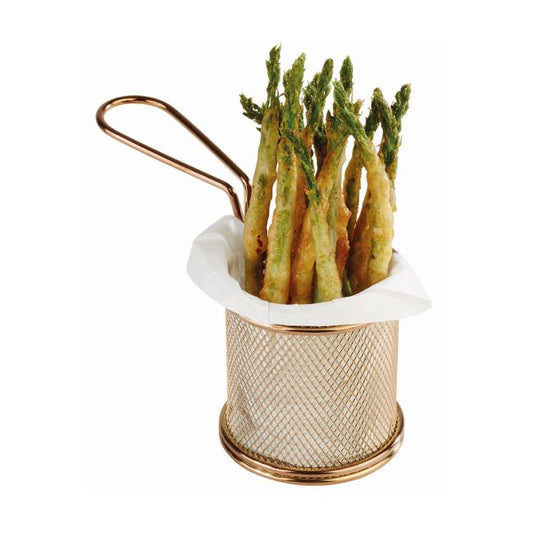 košarica za posluživanje, zlatna snack košarica, okrugla mini friteza, prezentacija finger fooda, košarica za pomfrit, ugostiteljska oprema Split, zlatna inox košarica, buffet oprema, snack holder, nirs.hr