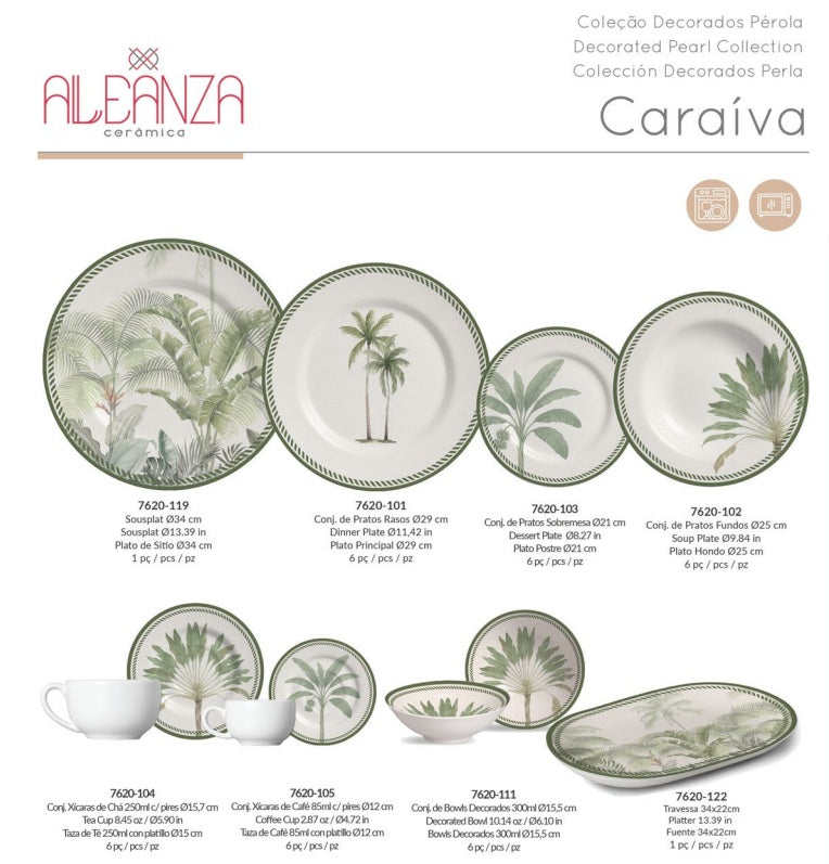 Alleanza tanjuri, Alleanza Caraíva, Caraiva tanjuri, premium keramički tanjuri, tanjuri s tropskim motivom, tanjuri s palmama, zeleni tanjuri, dekorirani tanjuri, elegantni tanjuri, servis za jelo, premium servis za jelo, keramičko posuđe, brazilska keramika, tanjuri za restoran, tanjuri za hotel, hotelsko posuđe, restoransko posuđe, tanjuri za apartmane, posuđe za vile, boutique hotel oprema, plitki tanjur 29 cm, duboki tanjur 25 cm, desertni tanjur 21 cm, sousplat 34 cm, ukrasni podložni tanjur, tanjuri S