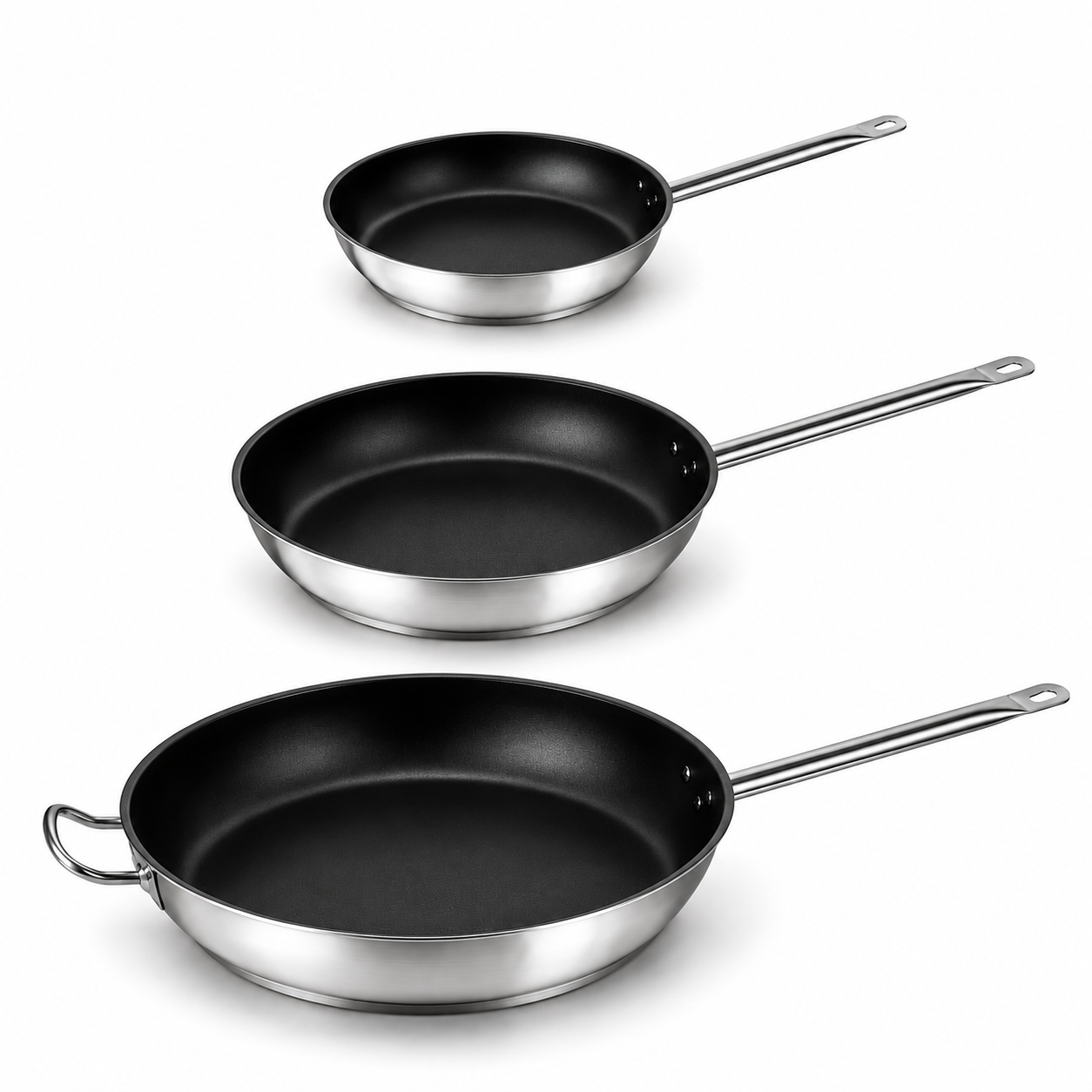 CaterWare profesionalne non-stick tave 24, 28 i 32 cm. Inox 18/0, troslojno dno i premaz protiv lijepljenja. Pogodne i za indukciju.