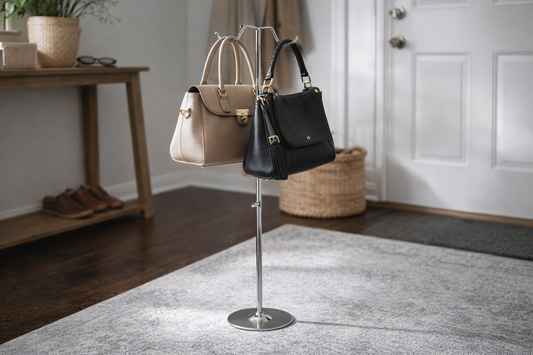 Stalak za torbice od inoxa – podni držač za 2 torbe, podesiva visina