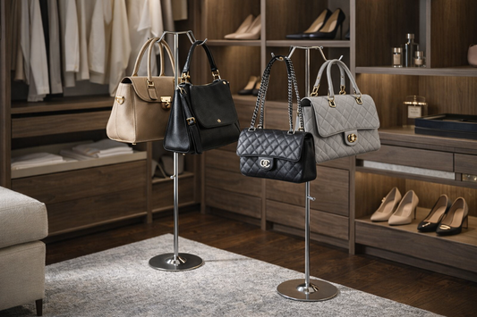 Stalak za torbice od inoxa – podni držač za 2 torbe, podesiva visina