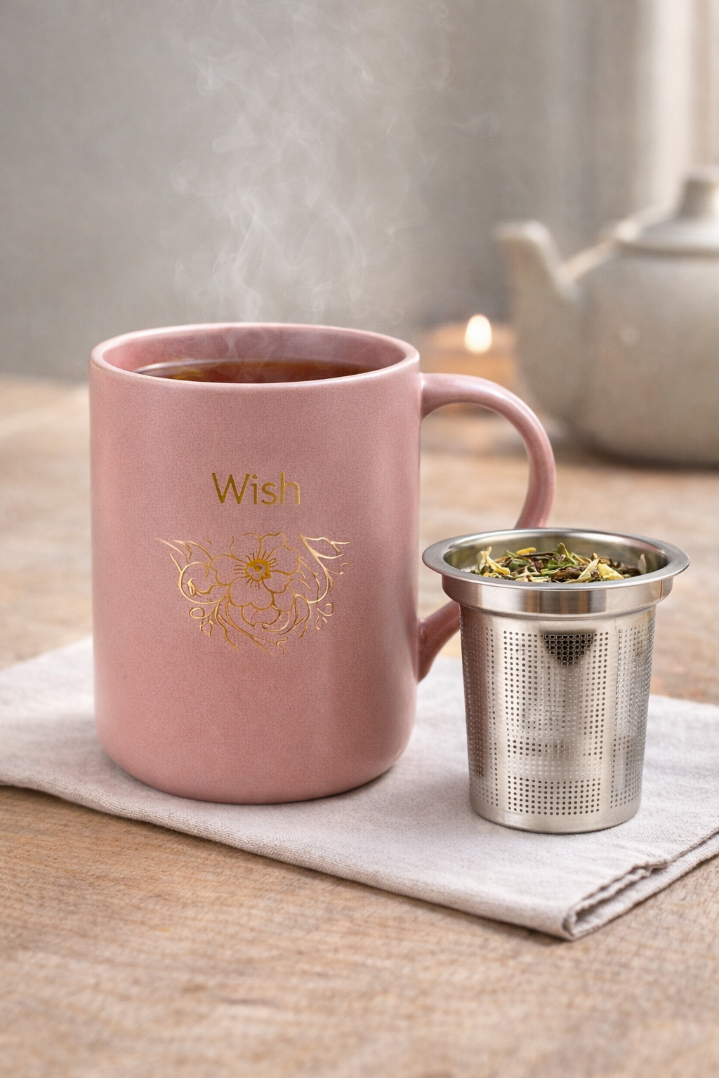 Šalica za čaj s poklopcem i inox filterom – Wish 🌸