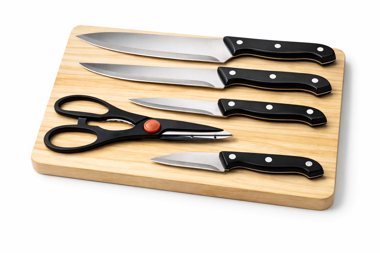 Kuhinjski set 6 kom (4 noža + škare + drvena daska 29×20 cm)