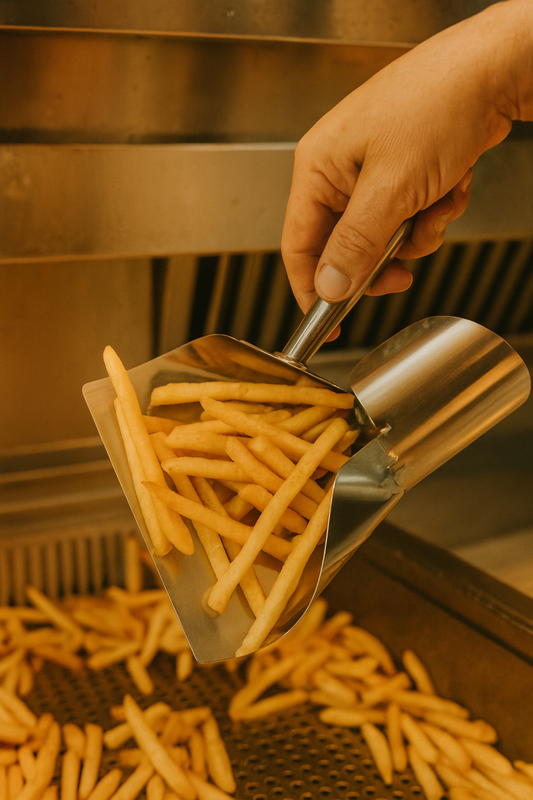lopatica za pomfrit, french fries scoop inox, ugostiteljska oprema Split, horeca pribor, oprema za fast food, lopatica za krumpiriće, pribor za serviranje, oprema za friture, oprema za kuhinje, porcioniranje hrane, nirs.hr, online narudžba ugostiteljske opreme
