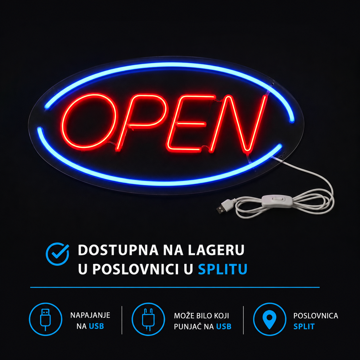 Svjetleća oznaka OPEN za izlog 45*22cm