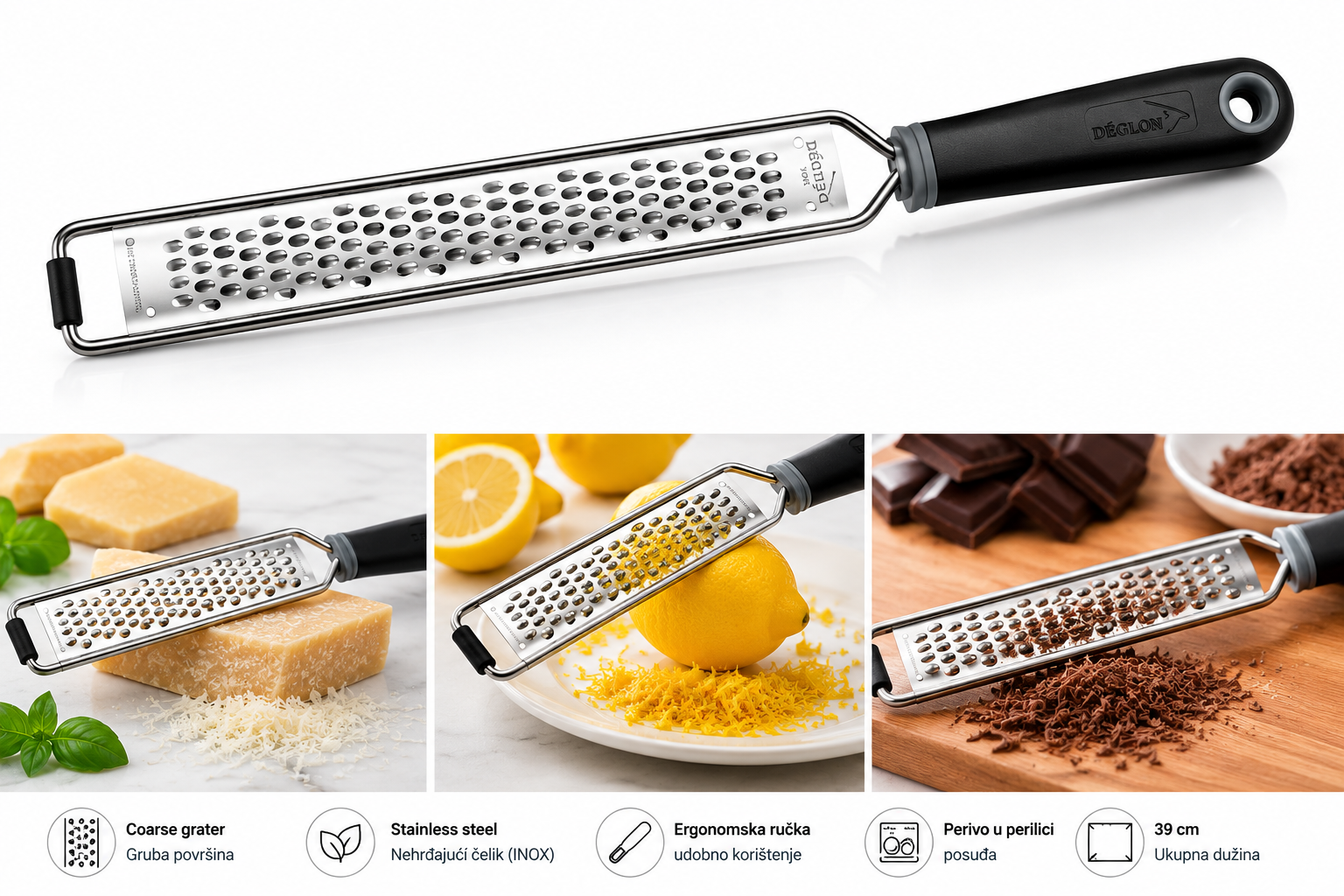 Déglon ribež, Deglon ribež, Stop Glisse ribež, grubi ribež, profesionalni ribež, inox ribež, ribež 39 cm, kuhinjski ribež, ribež za sir, ribež za parmezan, ribež za limun, ribež za koricu limuna, ribež za naranču, ribež za povrće, ribež za čokoladu, ribež za krumpir, ribež za mrkvu, ribež za tikvice, grater coarse, coarse grater, profesionalni kuhinjski alat, kuhinjski pribor, horeca oprema, ugostiteljska oprema, oprema za restorane, oprema za hotele, oprema za catering, kuhinjski alat Split, ugostiteljska 