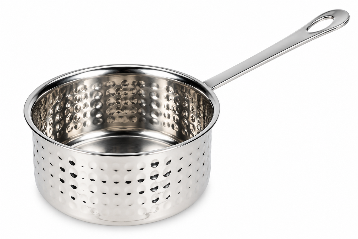 Servirna poudica s ručkom - Inox čekićana - 12 cm