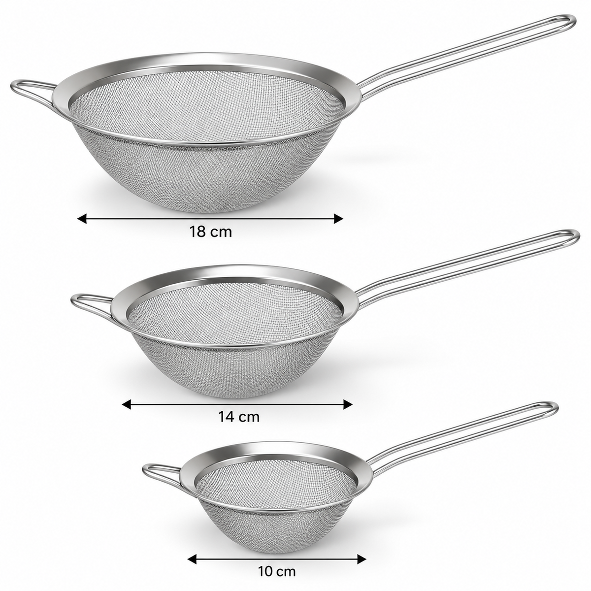 Inox cijedilo, set cijedila, inox cijedila, cijedilo za kuhinju, mrežasto cijedilo, fino cijedilo, cjedilo inox, set 3 cijedila, Kinghoff KH-3412, Kinghoff cijedilo, cijedilo 10 cm, cijedilo 14 cm, cijedilo 18 cm, cijedilo s ručkom, cijedilo za tjesteninu, cijedilo za povrće, cijedilo za voće, cijedilo za rižu, cijedilo za juhu, cijedilo za umak, cijedilo za temeljac, sito za brašno, kuhinjsko sito, inox kuhinjski pribor, profesionalni kuhinjski pribor, ugostiteljska oprema, kuhinjska oprema, ugostiteljska 