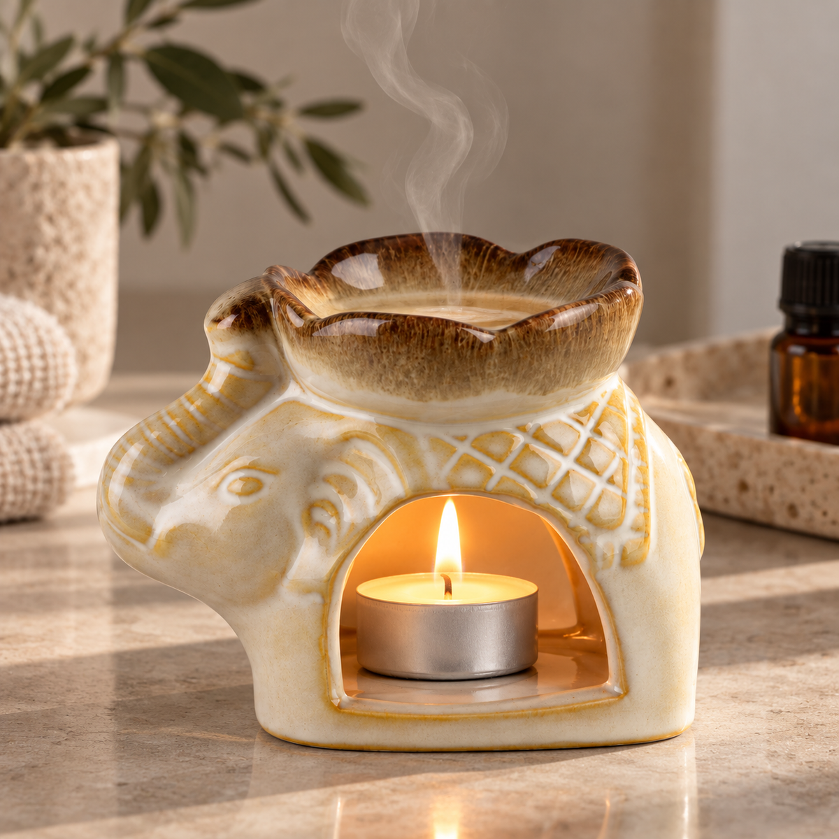 Keramička aroma lampa Slon 9 × 5 × 7 cm za mirisna i eterična ulja. Dekorativni mirisni difuzor s čajnom lučicom za dom, apartmane, SPA i wellness.