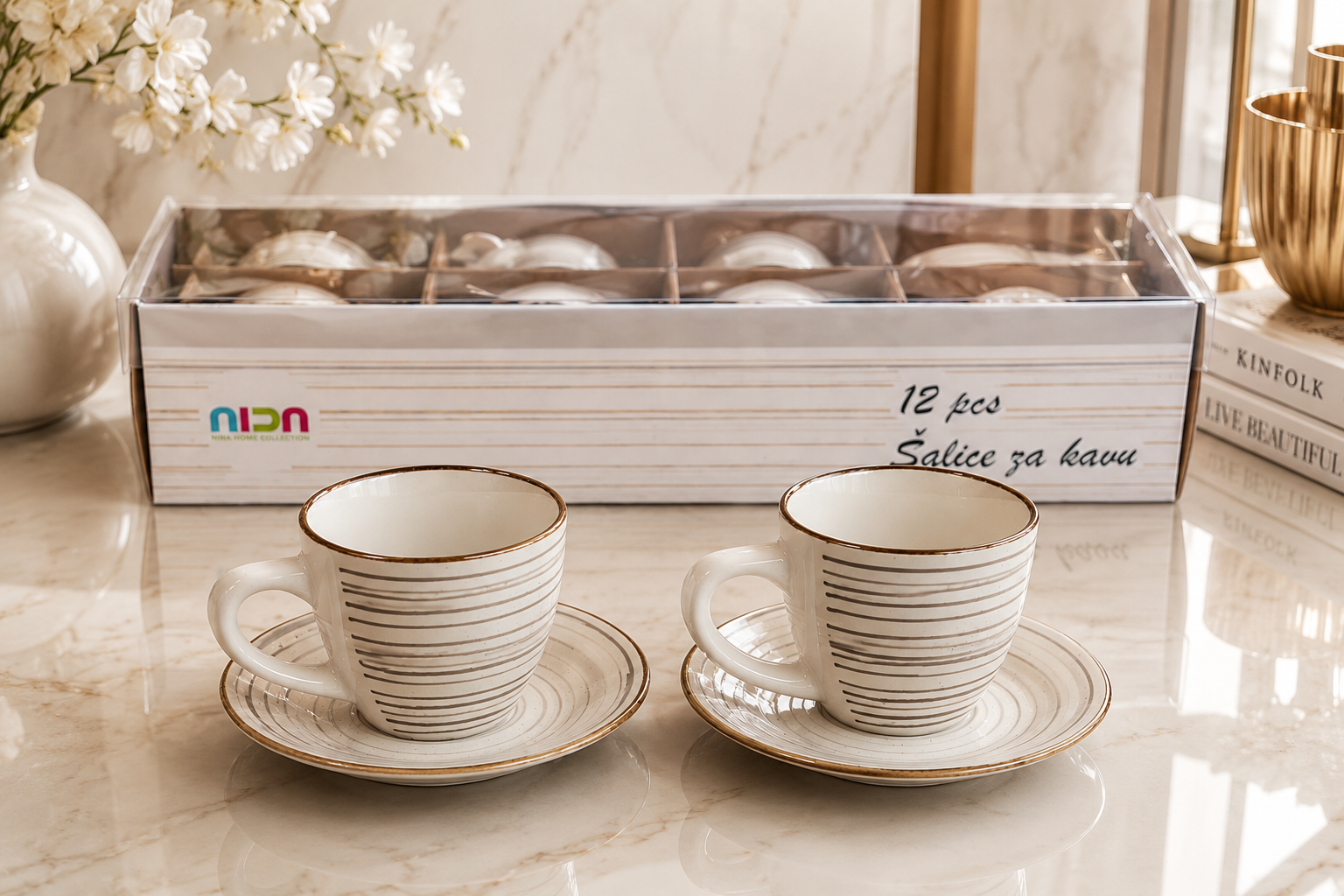 NIDA šalice za kavu, set šalica za kavu, šalice za kavu 200 ml, set 12 šalica za kavu, 12 šalica s tanjurićima, šalica s tanjurićem, NIDA set šalica, šalice za cappuccino, šalice za kavu s mlijekom, šalice za bijelu kavu, šalice za produženu kavu, šalice za čaj, keramičke šalice za kavu, elegantne šalice za kavu, krem šalice za kavu, šalice sa zlatnim rubom, rustikalne šalice za kavu, poklon set šalica, šalice u poklon pakiranju, poklon za ljubitelje kave, poklon za useljenje, poklon za novi stan, posuđe za