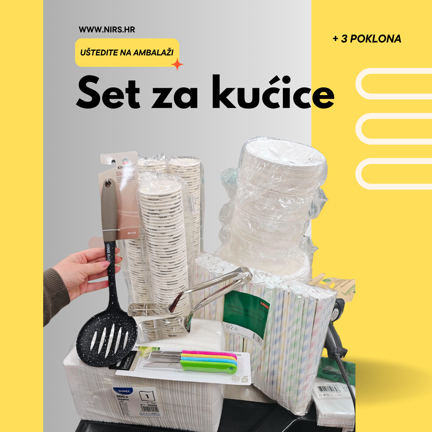NIRS, NIRS Oprema, bundle set, kućice, božićne kućice, ugostiteljstvo, dalmatinski ugostitelji, Split, Dalmacija, advent, sezona 2025, oprema za kućice, horeca, horeca Hrvatska, ugostiteljska oprema, božićni sajam, adventske kućice, tanjuri, zdjelice, salvete, jednokratni pribor, jednokratna ambalaža, povoljna ambalaža, ambalaža za ugostitelje, papirnate šalice, slamke, drvene žličice, vilice, hvataljke, nožići, catering oprema, street food, take away, eco ambalaža, nirs.hr