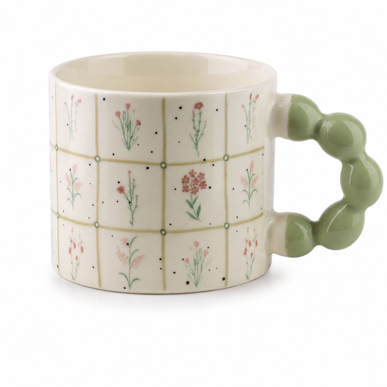 Naria šalica, šalica 350 ml, keramička šalica, šalica s cvjetnim uzorkom, cvjetna šalica, šalica sa zelenom ručkom, dekorativna šalica, vintage šalica, cottage šalica, romantična šalica, šalica za kavu, šalica za čaj, šalica za cappuccino, šalica za bijelu kavu, šalica za matchu, šalica za kakao, šalica za apartmane, šalica za kuću za odmor, šalica za poklon, poklon šalica, moderna šalica, estetska šalica, šalica za doručak, kuhinjski dekor, oprema za apartmane, oprema za kuhinju, posuđe za apartmane Dalmac