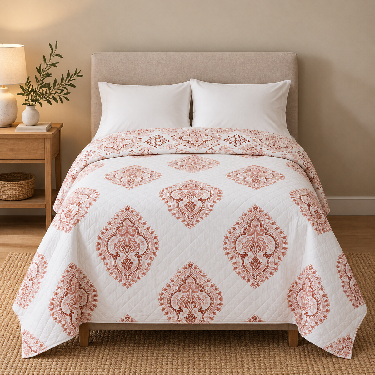 Prekrivač za bračni krevet, boho prekrivač, bijelo-crveni prekrivač, pamučni prekrivač, prošiveni prekrivač, dekorativni prekrivač, prekrivač s ornamentima, cvjetni prekrivač, prekrivač za spavaću sobu, posteljina za bračni krevet, prekrivač za apartman, hotelski prekrivač, oprema za apartmane, tekstil za spavaću sobu, boho posteljina, mediteranski stil, vintage prekrivač, orijentalni uzorak, prekrivači Split, posteljina Split, oprema za apartmane Split, prekrivači Dalmacija, oprema za iznajmljivače, uređen