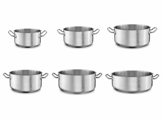 Profesionalni CaterWare inox lonci 3,3–18,8 L, dostupni od Ø20 do Ø40 cm. Inox 18/0, troslojno dno i kompatibilnost s indukcijom.