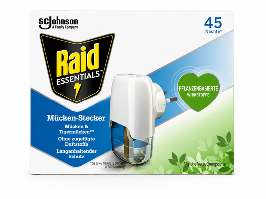 Raid Essentials, punjenje protiv komaraca, Raid punjenje 23 ml, električni aparat protiv komaraca, sredstvo protiv komaraca, zaštita od komaraca, zaštita od tigrastih komaraca, Raid refill, punjenje za električni aparat, sredstvo protiv komaraca za stan, sredstvo protiv komaraca za apartman, zaštita od komaraca u hotelu, sredstvo protiv komaraca bez mirisa, biljni aktivni sastojci, dugotrajna zaštita od komaraca, zaštita do 45 noći, 360 sati zaštite, sredstvo protiv insekata, kućni insekticid, Raid Essentia