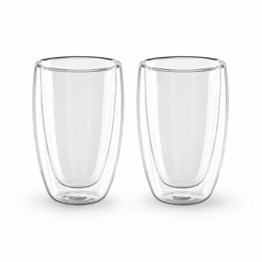 Set 2 termo čaše od borosilikatnog stakla 450 ml s duplim stijenkama. Idealne za latte, cappuccino, kavu i čaj. Dostupno u NIRS Oprema.