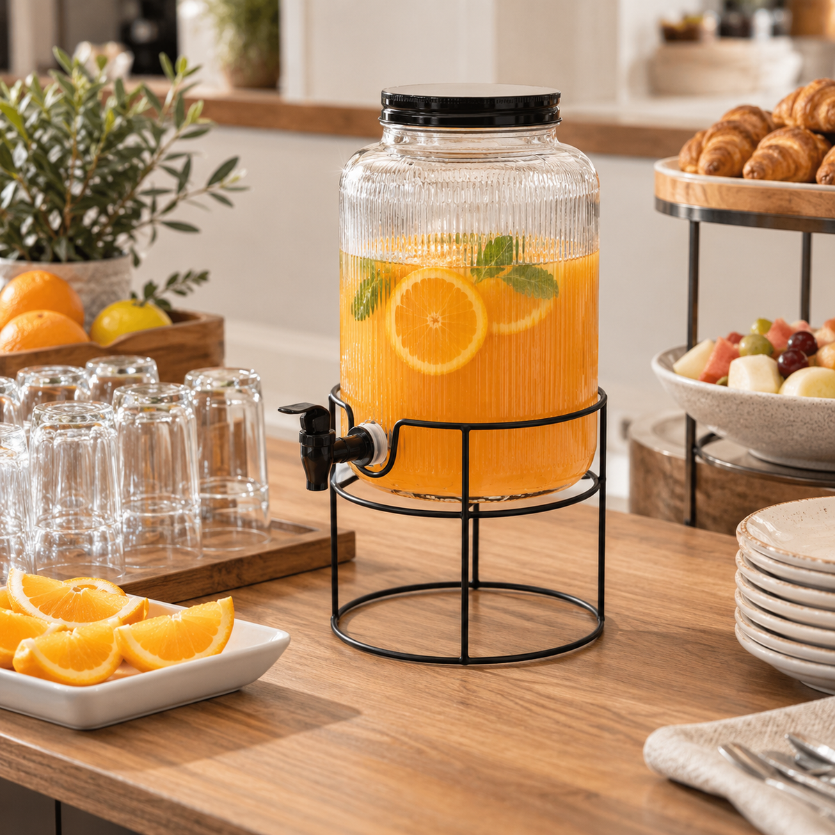 Stakleni dozator za napitke 5,2 L sa slavinom i metalnim stalkom. Idealan za limunadu, narančadu, vodu, buffet stolove, hotele, restorane i catering.