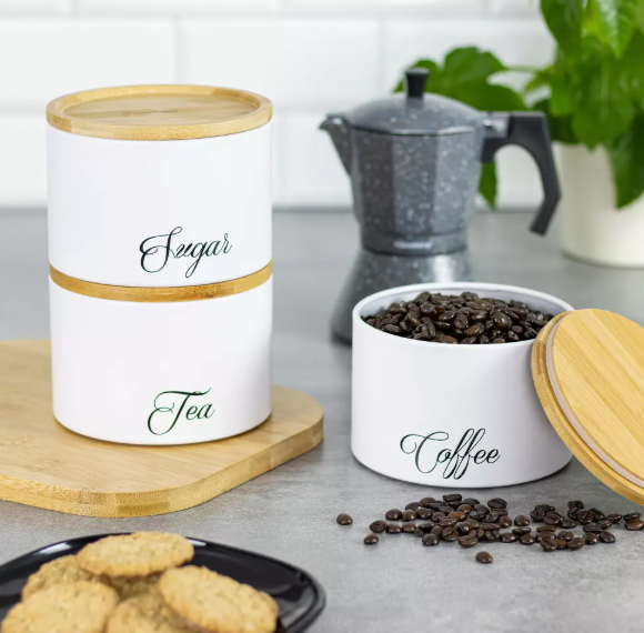 Set metalnih posuda s bambus poklopcem – Coffee / Tea / Sugar