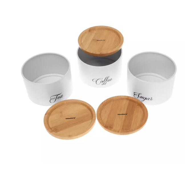 Set metalnih posuda s bambus poklopcem – Coffee / Tea / Sugar