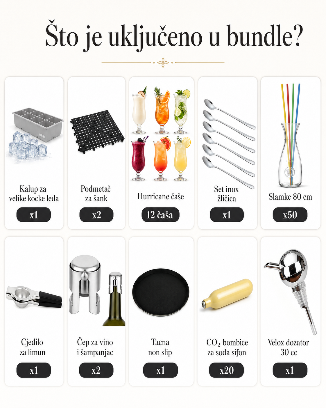 barska oprema, barska oprema Hrvatska, barska oprema Split, profesionalna barska oprema, oprema za bar, oprema za cocktail bar, koktel set, barski bundle, komplet za koktele, pribor za koktele, šejker za koktele, Boston šejker, jigger za koktele, barska žlica, inox pourer, dozator za boce, hvataljka za led, kalup za led, kalup za velike kocke leda, Hurricane čaše, čaše za Pina Coladu, podmetač za šank, non slip tacna, polikarbonatni bokal, slamke za koktele, oprema za caffe bar, oprema za ugostiteljstvo, ug