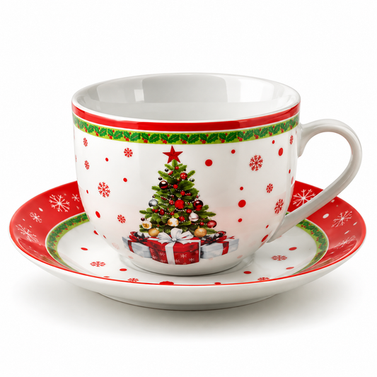 božićna šalica, božićna šalica s tanjurićem, SANTA LILA šalica, šalica 200 ml, porculanska božićna šalica, šalica s božićnim drvcem, božićne šalice za kavu, božićne šalice za čaj, božićna šalica za cappuccino, šalica za toplu čokoladu, božićni set šalica, božićni servis za kavu, šalica s tanjurićem, šalica s božićnim motivom, crveno bijela božićna šalica, božićno posuđe, božićni pokloni, poklon za Božić, adventska šalica, božićna kolekcija SANTA LILA, šalica s motivom bora, božićne šalice Hrvatska, božićne 