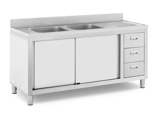 inox sudoper horeca, profesionalni sudoper za kuhinju, sudoper s ormarićem, dvostruki inox sudoper, Royal Catering sudoper, sudoper 160x60 cm, inox oprema za ugostiteljstvo, sudoper za restoran, kuhinjski sudoper za hotel, horeca namještaj inox, ugostiteljska oprema Split, sudoper s ladicama, komercijalni sudoper, inox stol s umivaonikom, nirs.hr