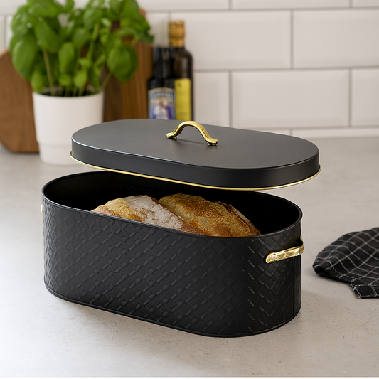 kutija za kruh, crna kutija za kruh, metalna kutija za kruh, SANDY BLACK COOKINI, Mondex kutija za kruh, kuhinjski organizator, čelična kutija za kruh, elegantna kutija za kruh, kutija sa zlatnim detaljima, kutija za pohranu kruha, kitchen storage box, gift box bread container, EAN 5902643376649