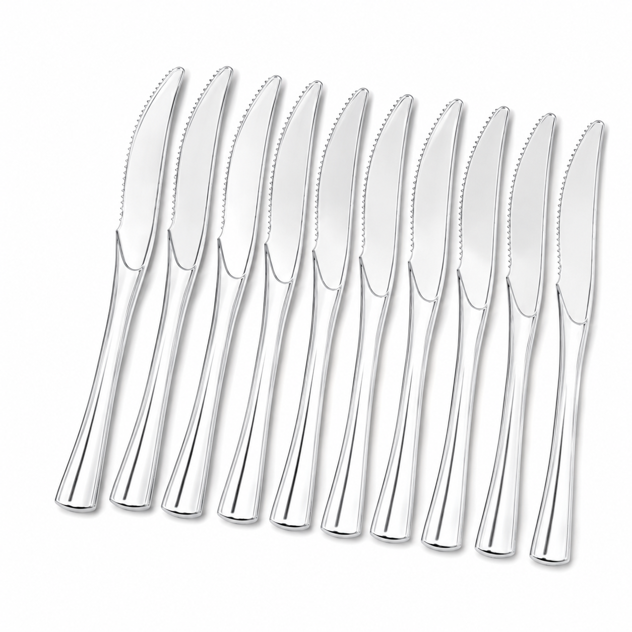&nbsp;jednokratni noževi, plastični noževi, srebrni jednokratni noževi, metalizirani noževi, jednokratni pribor za jelo, plastični pribor srebrni, noževi za catering, pribor za catering, pribor za proslave, pribor za svadbe, pribor za domjenke, jednokratni pribor za ugostiteljstvo, noževi 18,5 cm, PS pribor za jelo, jednokratni pribor 50 kom, premium jednokratni pribor, srebrni plastični pribor, pribor za buffet, catering oprema, ugostiteljska oprema.