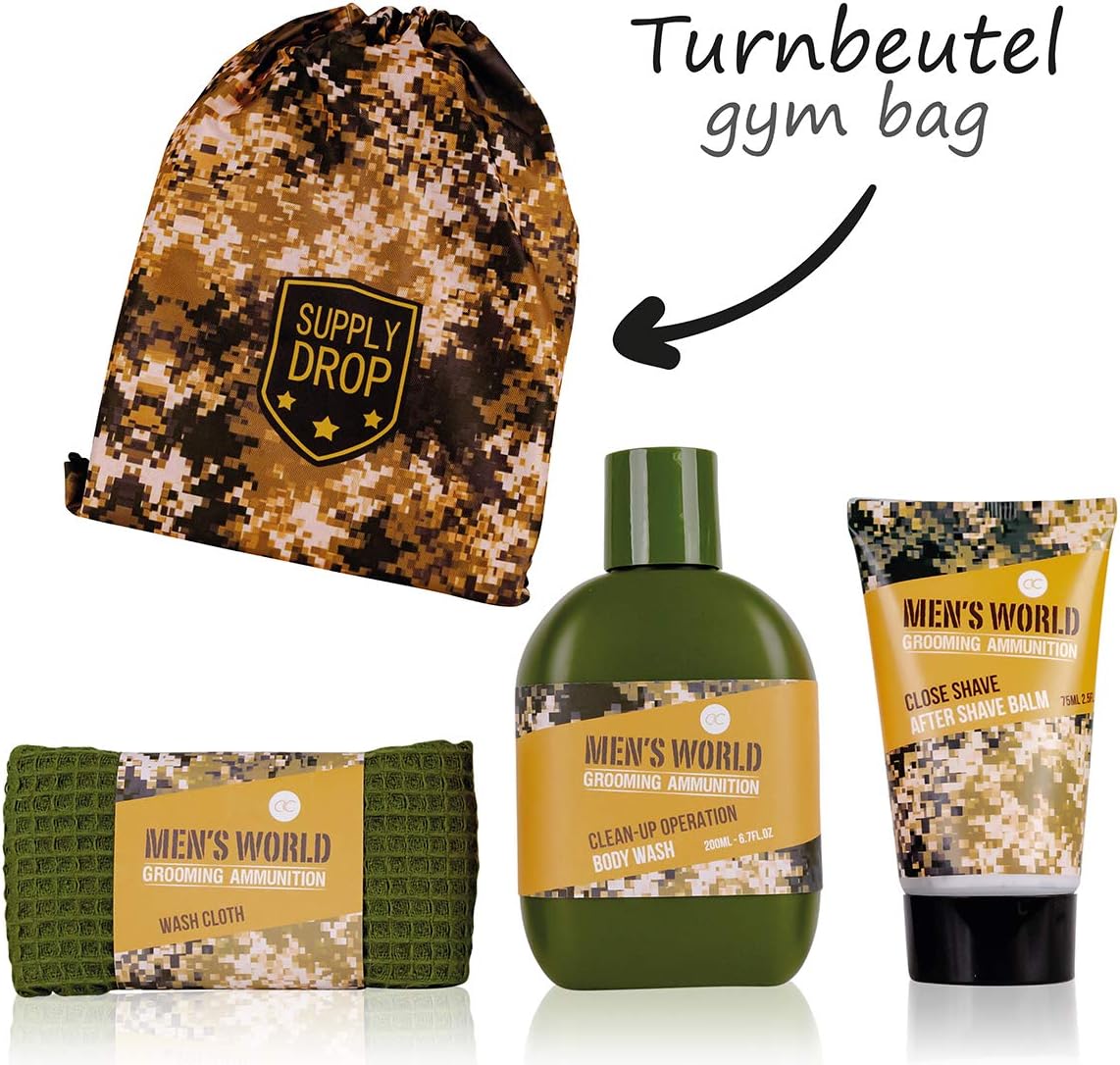 poklon set za muškarce, gift set za muškarce, muški set za njegu, men’s world set, camouflage gym bag, set za tuširanje i brijanje, poklon za dečka, poklon za tatu, muški poklon za rođendan, muška kozmetika poklon