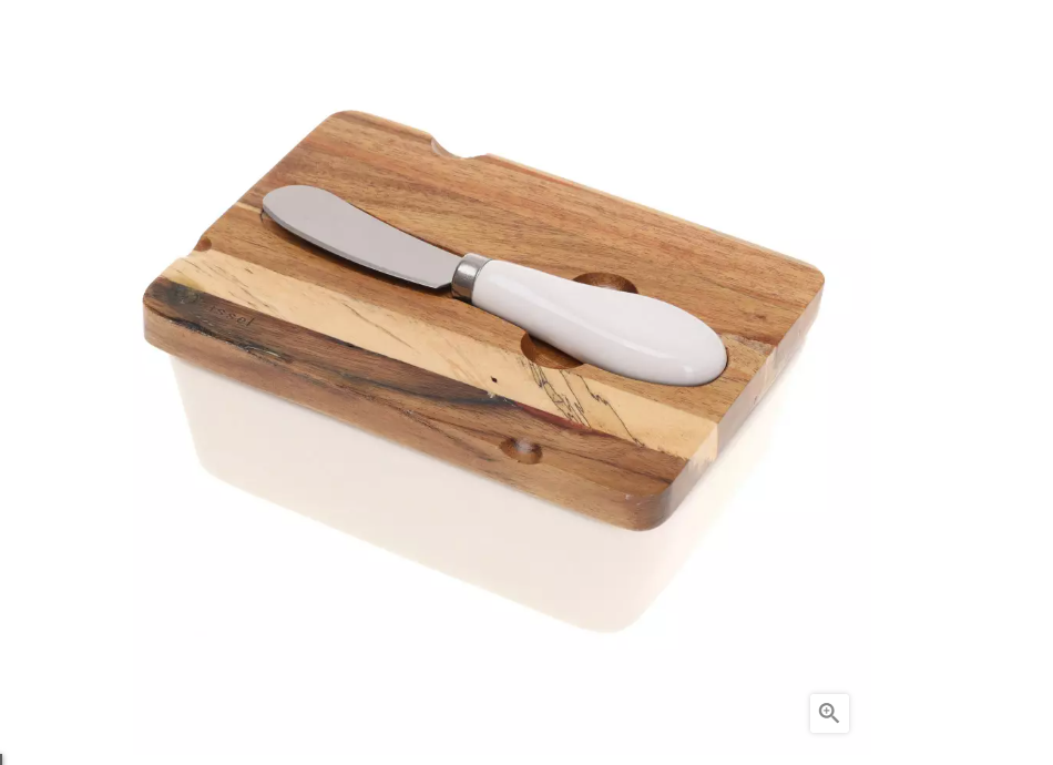 porculanska maslenica s poklopcem,maslenica s drvenim poklopcem,nožić za maslac,porculanski pribor za stol,akacija drvena kuhinja,elegantna maslenica,držanje maslaca svježim,porculan i drvo,dizajnerski kuhinjski dodatak