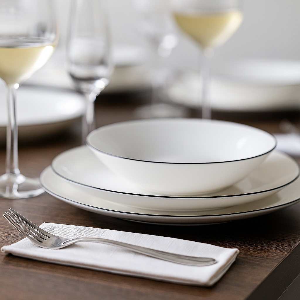 porculanski set tanjura, servis za 6 osoba, tanjuri za restoran, posuđe za apartmane, LEA SIMPLE set, Affek Design Mondex, tanjuri crni rub, bijeli tanjuri, horeca oprema Split, ugostiteljska oprema webshop