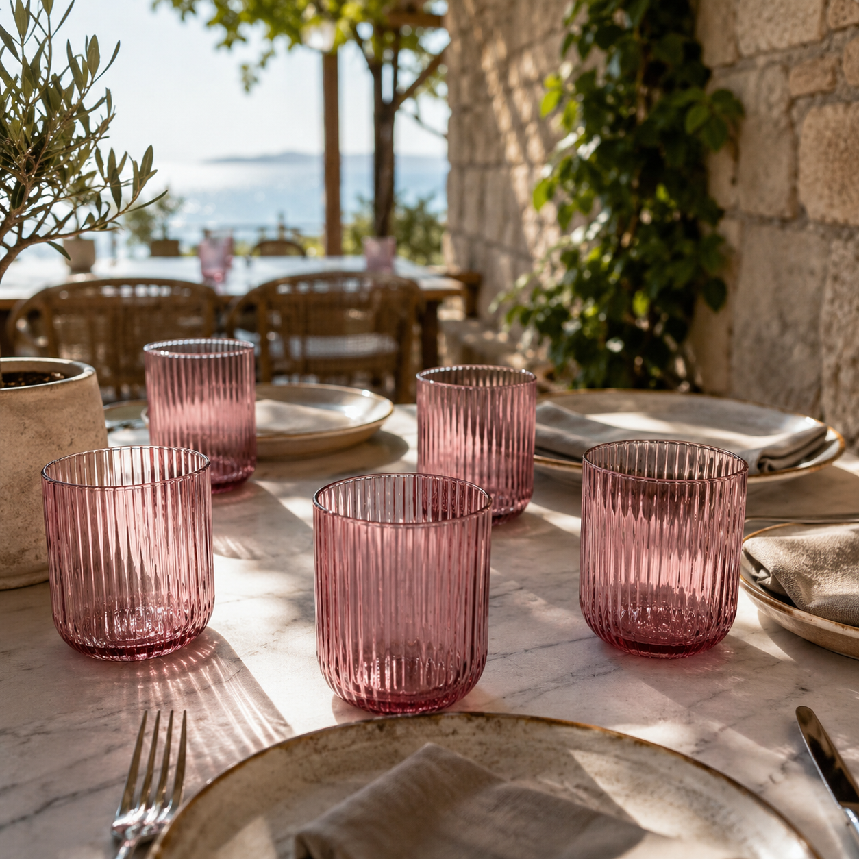 ružičaste čaše, roze čaše, set 6 čaša, reljefne čaše, rebraste čaše, staklene čaše u boji, čaše za vodu, čaše za sok, čaše za limunadu, čaše za koktele, čaše za gin tonic, čaše za bezalkoholna pića, moderne čaše, vintage čaše, dekorativne čaše, dizajnerske čaše, elegantne čaše, čaše za serviranje, čaše za restoran, čaše za konobe, čaše za hotele, čaše za apartmane, čaše za terasu, čaše za ljetnu terasu, ugostiteljske čaše, profesionalne čaše za ugostiteljstvo, mediteranske čaše, čaše za restorane Split, čaš